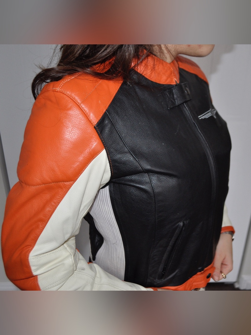 Women's Black and Orange Leather Biker Jacket